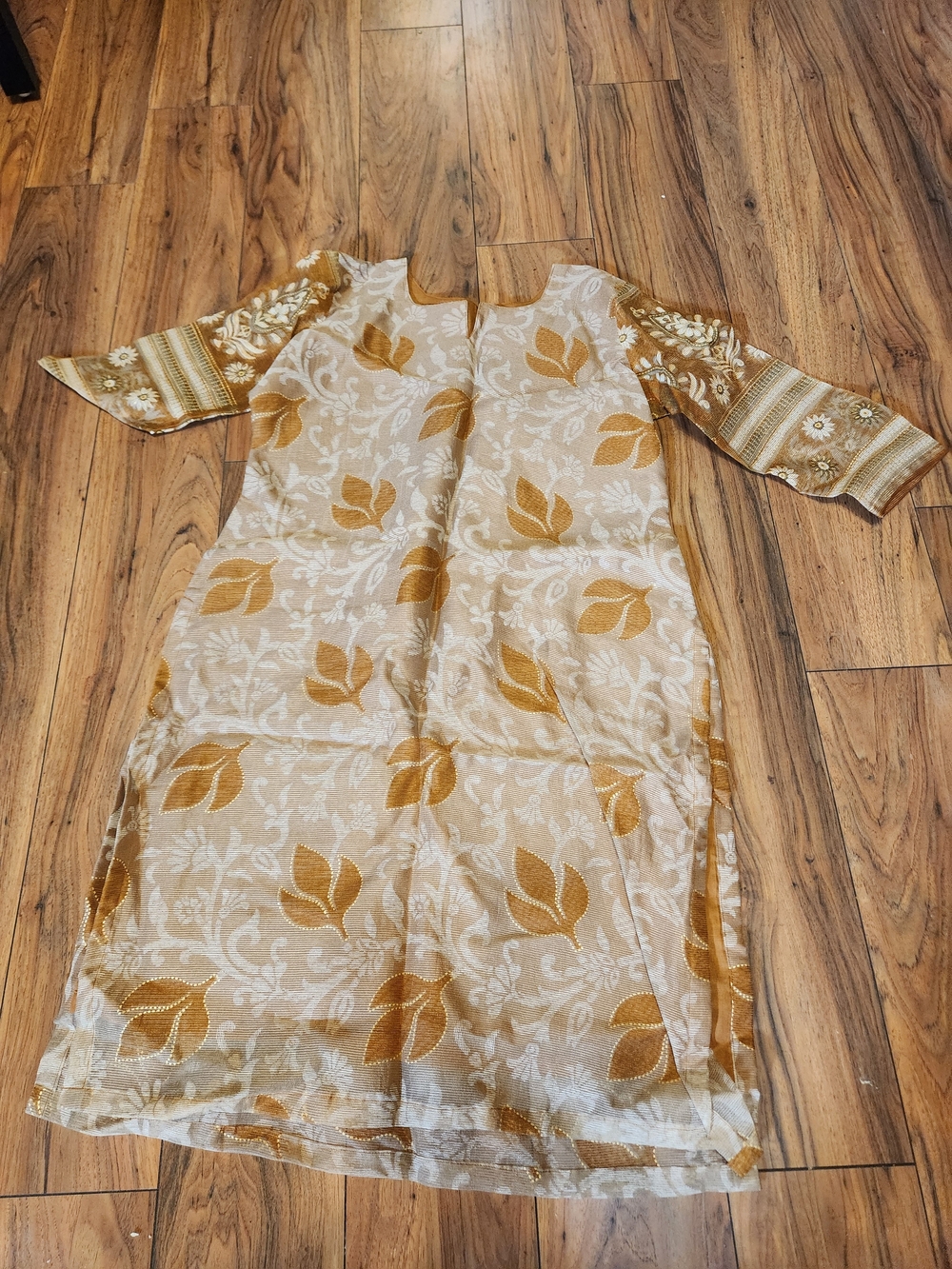 Indian Pakistani Beige and Mustard Floral Kurta Dress